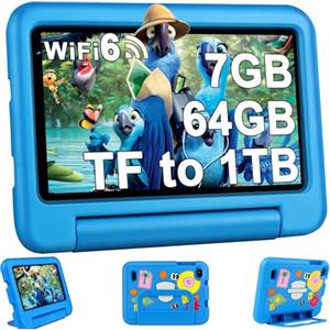 Oangcc 2025 Tablet per Bambini 7 Pollici Andriod 13 , 7GB RAM+64GB ROM (TF 1TB), WiFi 6 BT 5.0, Octa-Core, GMS Certificated | Controllo Parentale | Doppia Fotocamera | GPS | Tablet con Custodia EVA - Blu