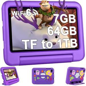 Oangcc 2025 Tablet Bambini 7 Pollici Android 13, 7GB RAM+64GB ROM (TF 1TB), WiFi 6 BT 5.0, Octa-Core, GMS Certificated | Controllo Parentale | Doppia Fotocamera | GPS | Tablet con Custodia EVA - Viola