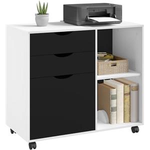 WOLTU Schedario Mobilet con 3 Cassetti e 2 Ripiani Aperti, Cassettiera con 5 Ruote e Binario per Appendere, Armadio per Ufficio per Cartelle e Documenti a4, 80x39,5x69,5 cm, Bianco+Nero