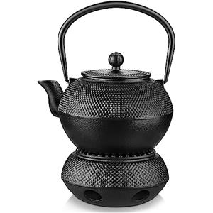 Velaze Teiera in Ghisa per Tè Giapponese con Scaldino e Infusore in Acciaio Inox, Bollitore Tetsubin - 1.1L (1100ml), Nero
