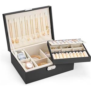Sofore Portagioie Donna Porta Gioie Portagioie Bambina Grande Porta Gioielli Bambina a 2 Strati in Pelle PU Portagioie Donna da Camera Organizer Gioielli Storing Jewelry Earrings Anelli, Nero Perla