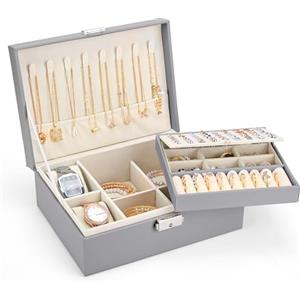 Sofore Portagioie Donna Porta Gioie Portagioie Bambina Grande Porta Gioielli Bambina a 2 Strati in Pelle PU Portagioie Donna da Camera Organizer Gioielli Storing Jewelry Earrings Anelli, Grigio Scuro