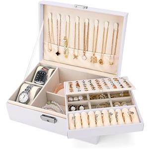 Sofore Portagioie Donna Grande Porta Gioielli Bambina, a 2 Strati in Pelle PU da Camera Organizer Storing Jewelry Earrings Anelli,Bianco