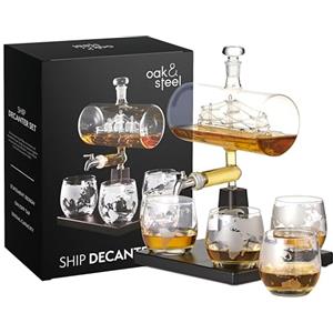 OS Oak & Steel ENGLAND Decanter per Whisky e Grappa (1000 ml) con Set di Bicchieri - Dispenser di Alcol a Forma di Nave - Confezione Regalo con Design Raffinato