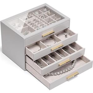 Vlando Portagioie Grande con 4 Ripiani e 4 Cassetti - Scatola Organizzatrice Gioielli Moderna in Bianco con Coperchio in Vetro Temperato - per Collane, Orecchini, Bracciali, Orologi (grigio)
