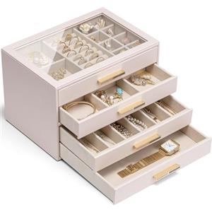 Vlando Portagioie Grande con 4 Ripiani e 4 Cassetti - Scatola Organizzatrice Gioielli Moderna in Bianco con Coperchio in Vetro Temperato - per Collane, Orecchini, Bracciali, Orologi (rosa)