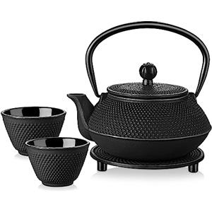 Velaze Teiere e 2 tazze da tè con infusore, teiera a induzione smaltata, 700 ml, set tradizionale in ferro con cestino in acciaio inox, vassoio in ghisa
