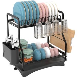E-MANIS Scolapiatti da Lavello in Acciaio Inox,2 Livelli Sgocciolatoio per Piani con Drenaggio,Scolapiatti da Appoggio con Portautensili e Portabicchieri per Piatto,Tazza,Tagliere