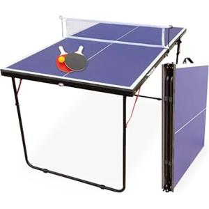 MUWO Mini tavolo pieghevole per interni, struttura in acciaio resistente, compatto, con maniglia, 137 x 76 cm, con rete, due racchette e pallone da ping pong (blu)