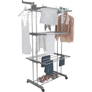 Bricozone Stendibiancheria A Rotelle A Torre Verticale Stendino In Acciaio E ABS Salvaspazio Con Ali Richiudibile 169 x 75.5 x 63.5 Cm 4 Piani Ripiani Pieghevole Modulabile Biancheria Interno Esterno (Grigio)