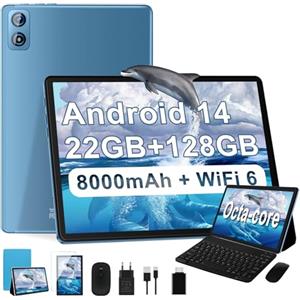 Dghrti 2025 Newest Tablet 10 pollici Android 14, 22GB RAM+128GB ROM/TF 1TB, 8-core 2.0GHz, 8000mAh, UFS 2.1 Flash, Corpo in Metallo, Doppio WiFi, BT5.0, 8+5MP, Widevine L1, Con Tastiera e Mouse, Blu