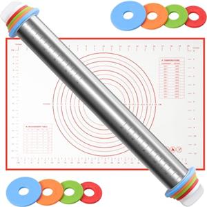 Solvant Mattarello in acciaio inox con tappetino da forno, spessore regolabile con anello rimovibile, mattarello in metallo rivestito antiaderente, 4 misure, adatto per pizza, biscotti, pasta sfoglia