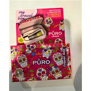 Forhans My Travel Box Teschi Rosa - Kit da Viaggio con Dentifricio al Carbone Attivo e Spazzolino Componibile in Scatola Metallica