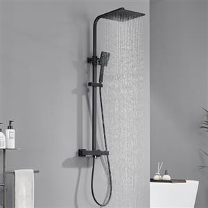 Auralum Colonna Doccia Nera con Miscelatore Termostatico Ottone, Set Doccia Soffione Quadrato 254x254mm, Doccetta 85x85mm, Asta Doccia in Acciaio Inox Altezza Regolabile 818-1248mm