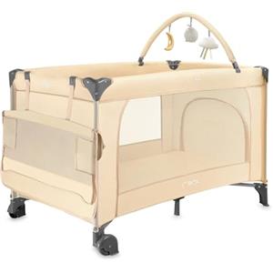 MoMi Lettino da viaggio BELOVE PLUS 2 in 1, pieghevole, 2 posizioni per neonati fino a 9 kg e bambini fino a 15 kg, con materasso, arco con giocattoli, fasciatoio e borsa per il trasporto