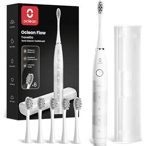 Oclean Spazzolino elettrico sonico Flow Gift Set, Ricarica ogni 180 giorni, 5 Modalità, Impermeabile IPX7, Timer da 2 minuti, 6 Testine DuPont™, Custodia da viaggio, Bianco