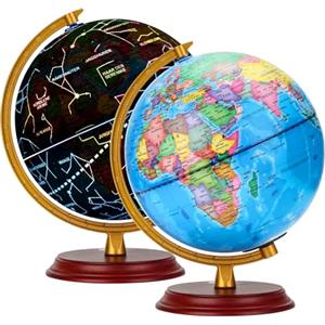 EXERZ Globo illuminato con base in legno, 20 cm, mappa in tedesco, mappamondo studentesco, mappa politica (ora del giorno), costellazione stellare (notte), lampada LED luminosa 2 in 1