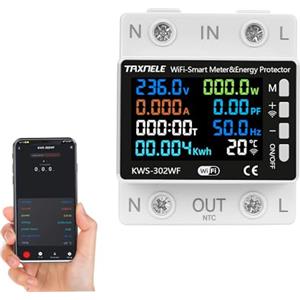 TAXNELE TUYA WiFi Misuratore di potenza intelligente Interruttore a relè sopra il limitatore di corrente Multifunzione Misuratore di energia kWh Misuratore di temperatura Termometro Smart Life (KWS302-WF)