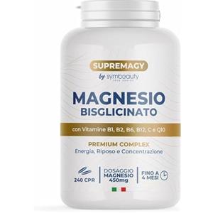 SYMBEAUTY SUPREMAGY MAGNESIO BISGLICINATO 450mg (Fornitura 4 Mesi) 240 CPR - Magnesio Completo | Vitamina B12, B1, B2, B6, C e Coenzima Q10 | Integratore Stanchezza Fisica e Mentale - Vegano e Made in Italy