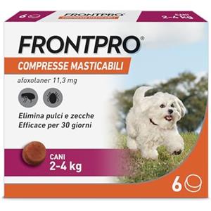 FRONTPRO 6 Compresse Masticabili Antiparassitario per Cani di Peso 2-4 kg Protegge da Pulci Zecca Uova e Larve Antipulci in Confezione da 6 Compresse da 11.3 mg di Afoxolaner