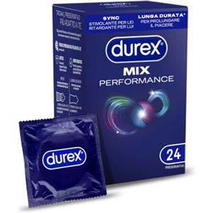 Durex Mix Performance, Preservativi Durex Lunga Durata e Sync, Preservativi Ritardanti per Lui e con Rilievi e Nervature per Lei, 24 Profilattici