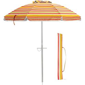 RELAX4LIFE Ombrellone da Spiaggia Antivento 2M, 8 Stecche Stabili e Palo Alluminio Centrale Inclinabile, Protezione Solare,No Base, Borsa di Trasporto, 182x182x213cm (Strisce arancioni)