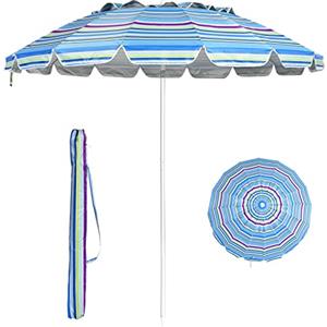 RELAX4LIFE Ombrellone da Spiaggia e Esterno 2,43M, Tettuccio Inclinabile, Protezione Solare UV50+, Telaio a 16 Stecche in Fibra di Vetro, Base non Inclusa, per Mare/Giardino/Campeggio (Righe Fini)