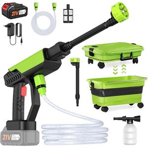 IERAKOR Idropulitrice a Batteria, 30 Bar Idropulitrice Portatile con Secchio Pieghevole da 22L, 1 Batteria da 3,0 Ah, Ugello 6 in 1, Tubo da 5M, Serbatoio Della Schiuma, per Auto e Giardino (Verde)