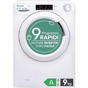 Candy Smart Lavatrice 9kg, Motore Inverter, carica frontale Classe A, 1400 giri, 16 Programmi, Cicli Rapidi, Partenza Ritardata, 60 x 52 x 85 cm, White - CS 149TXME-S