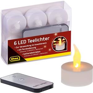 Idena 38204 - Candele da tè a LED, 6 pezzi, candele elettriche con luce tremolante, con telecomando, batterie incluse, decorazione per matrimoni, feste, Natale, Pasqua, come illuminazione d'atmosfera