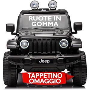 Mondial Toys Auto Macchina Elettrica per Bambini Jeep Wrangler Rubicon 12V con Telecomando Sedile in Pelle 2 Posti Nero con Ruote in Gomma Tappetino Omaggio