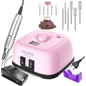 NAILGIRLS Fresa ELettrica,NAILGIRLS 11 in 1 Fresa Unghie Gel Manicure e Pedicure Elettrico,35000RPM Velocità Regolabile,Intelligente Led,Portatile Lima Elettrica Unghie (Rosa)
