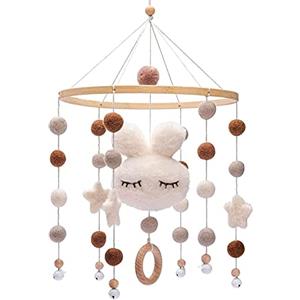 sitengjun Legno Giostrina Culla, Campana Culla Neonato, Baby Campana a Vento, Campana Mobile Culla, con Palla di Feltro e Coniglio Bianco, per Culla Decorazione e Cameretta