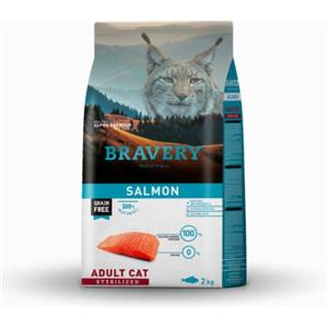 BRAVERY Crocchette Gatto Adulto Sterilizzato Salmone 2 kg - Grain Free, Ricche di Omega 3