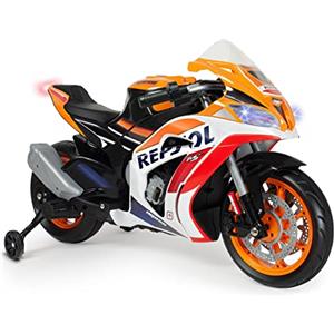 INJUSA - Moto Elettrica Repsol per Bambini da 3 a 6 Anni, Batteria 12V, con Acceleratore a Pugno, Freno Elettrico, Luci e Suoni, Connessione MP3, Velocità Massima 5-6 km/h, Colore Arancione