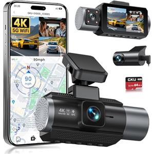 GKU Dash Cam Auto, 4K+1080P+1080P Tripla Telecamera per auto, Mini Dashcam IPS 3 con Scheda SD 64G, 5GHz WiFi e GPS, 24H Monitor di Parcheggio, Visione Notturna, WDR, Grandangolo 170°, Sensore G