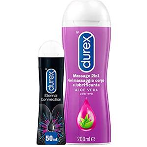 Durex Gel Lubrificante Sessuale Intimo x2, 1 Confezione di Eternal Connection per sesso anale da 50 ml e 1 Confezione di Gel Massage 2in1 per preliminari e sesso orale con Aloe Vera da 200ml