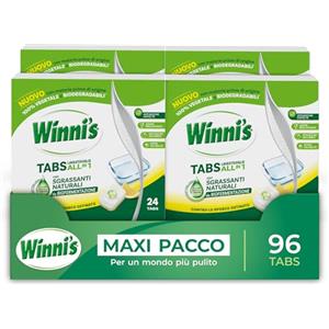 Winni's - Pastiglie per Lavastoviglie, 96 Tabs, Detersivo Multiazione Detergente, Sgrassante, Antiodore e Brillantante, Fragranza di Limone, con Materie Prime di Origine Vegetale, Confezione da 4
