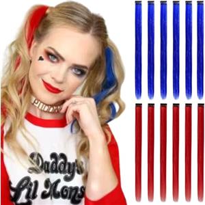 REDMENCO Extension Capelli Colorati con clip, Rosso e Blu 12 pezzi 22 pollici Lungo Dritto, Sintetiche Resistenti al Calore, per Bambini Ragazze Donne Festival Halloween(6 pezzi rosso + 6 pezzi blu)