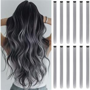 REDMENCO Extension Capelli Colorati con clip, Grigio 12 pezzi 22 pollici Lungo Dritto, Sintetiche Resistenti al Calore, per Bambini Ragazze Donne Festival Feste Halloween Cosplay