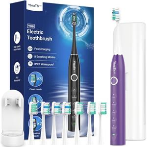 YTEATH PRO Spazzolino Elettrico Sonico per Donna con 8 Testine - Spazzolino Denti Sonico Adulti con Custodia da Viaggio, 5 Modalità, Impermeabile IPX7, Spazzolino Elettrico da Viaggio Ricaricabile, Viola Scuro