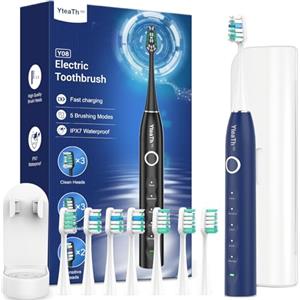 YTEATH PRO Spazzolino Elettrico Sonico per Uomo con 8 Testine - Spazzolino Denti Sonico Adulti con Custodia da Viaggio, 5 Modalità, Impermeabile IPX7, Spazzolino Elettrico da Viaggio Ricaricabile, Blu Scuro