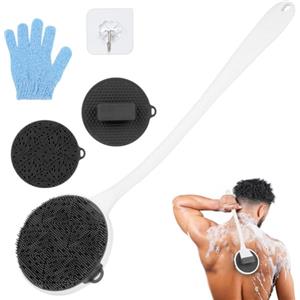 LOPHE Spazzola per il Corpo, 3 Pezzi Spazzola Scrub Corpo in Silicone Rimovibile, Spazzola Schiena a Lunga con Guanto Esfoliante, Esfoliazione per Lavare la Schiena Unisex(Grigio)