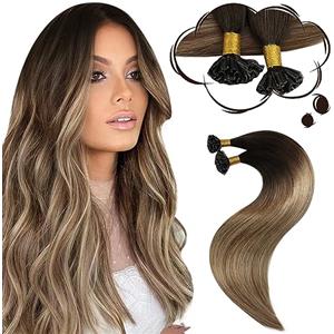 Moresoo Extension Capelli Veri Cheratina Balayage Marrone Scuro a Marrone Chiaro con Biondo Dorato Remy Extension Cheratina 50 Ciocche #4/10/16 35 cm 40g