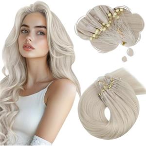 Moresoo Extension Microring Capelli Veri Biondo Bianco Remy Umani Extension Capelli con Anellini Invisibili biondo 35 cm 50g 50 Ciocche #60A