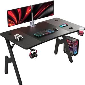 HLFURNIEU Scrivania Gaming Ergonomica, 120 x 60 cm Tavolo da Computer, Scrivania Gamer con Porta Bicchiere e Gancio per Cuffie, Piano del Tavolo in Fibra di Carbonio Impermeabile, Nero