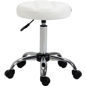 HOMCOM Sgabello Girevole con Ruote Rotondo, Sgabello per Parrucchiere ed Estetista con Altezza Regolabile, Imbottito in Finta Pelle, Bianco