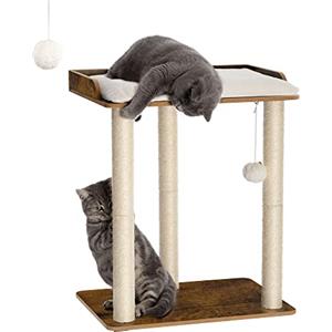 FourFurPets Albero per Gatti Alto 68 cm, Tiragraffi per Gatti, con Tre Pali Graffiatoi in sisal da 60 cm, 56x40 cm piattaforma Grande, Pompon, Marrone Vintage