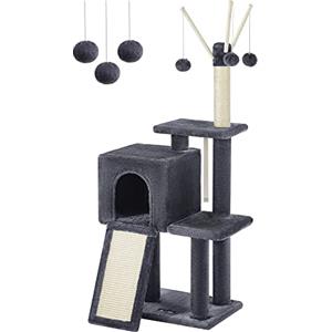 FEANDREA Tiragraffi per Gatti, Albero per Gatti, Grotta per Gattini Micini, Diversi Livelli di Peluche, 42 x 32 x 118 cm, Graffitoio, 3 Bastoncini Pompom Rimovibili, Grigio Fumo PCT143G01