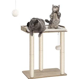FourFurPets Albero per Gatti Alto 68 cm, Tiragraffi per Gatti, con Tre Pali Graffiatoi in sisal da 60 cm, 56x40 cm piattaforma Grande, Pompon, Greige